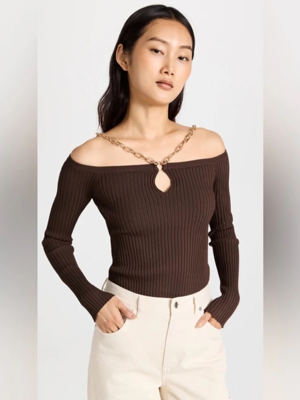 NWT Moon River Brown Ribbed Sweater with Gold Chain Detail Straps XS